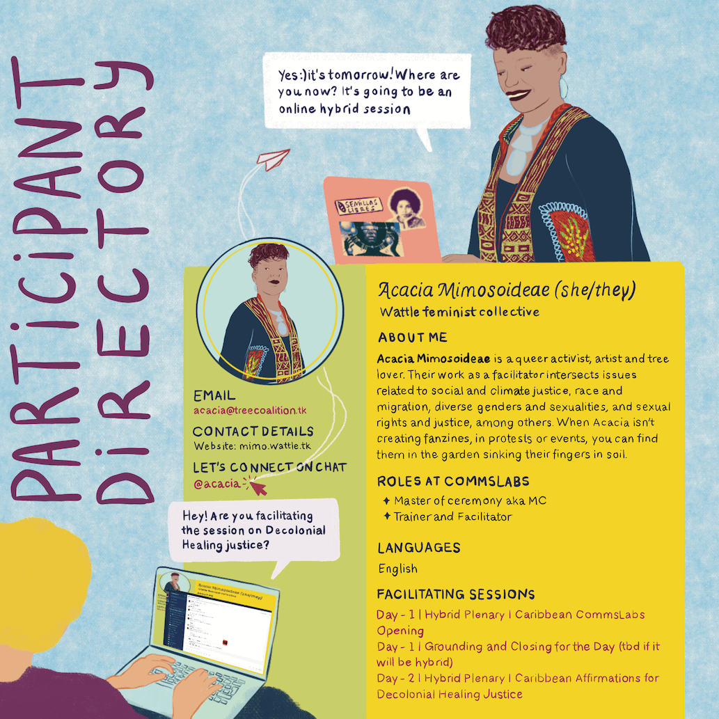 To the left, a person is checking out the Commslab participant directory. There are chatting with a workshop facilitator: "Hey! Are you facilitating the session on Decolonial Healing Justice? Yes :) it's tomorrow! Where are you now? It's going to be an online hybrid session". In the background, we see an illustrated screenshot of the workshop event.