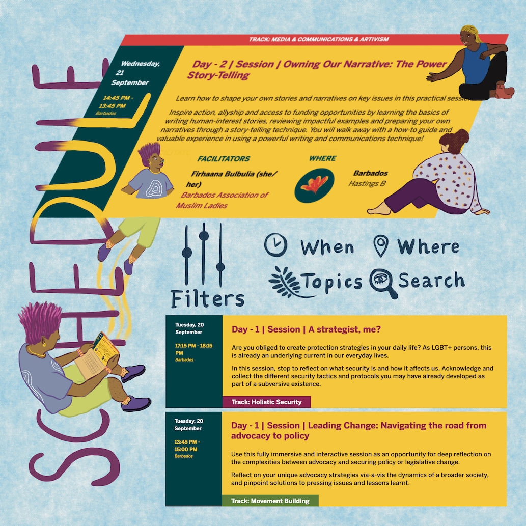 To the left, we can see a person is checking out the CommsLabs schedule on their laptop. To the right, you can see the schedule in large format. On the top, the same person flies into the "portal" of the platform, where a group of Commslabs participants are gathering. The floor is a screenshot of a specific workshop event