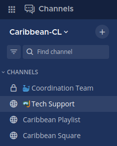 mattermost sidebar showing channels